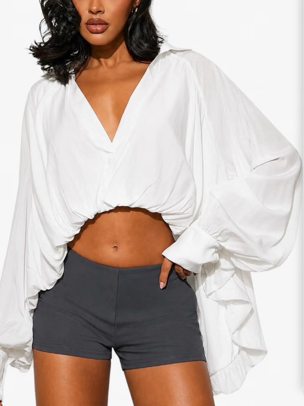 Women's White V-Neck Draped Balloon-Sleeve Crop Tunic